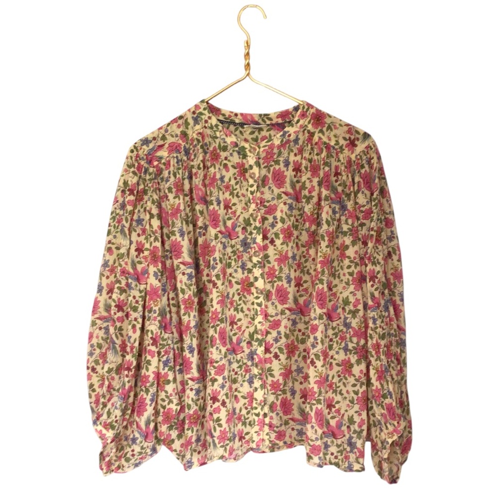 Pilcro Anthro Boho Yellow Pink Floral Bird Print Peasant Whimsy Blouse Top L